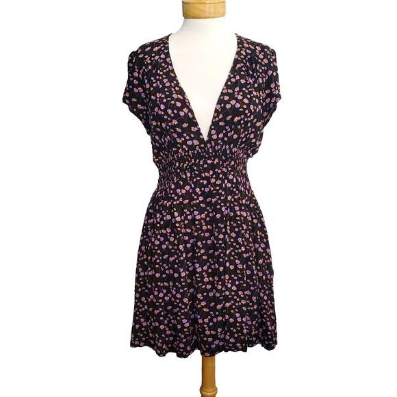Free People "Pretty Baby" Mini Dress Black Floral V-Neck Cut-Out Back Elastic Wa - Picture 1 of 11